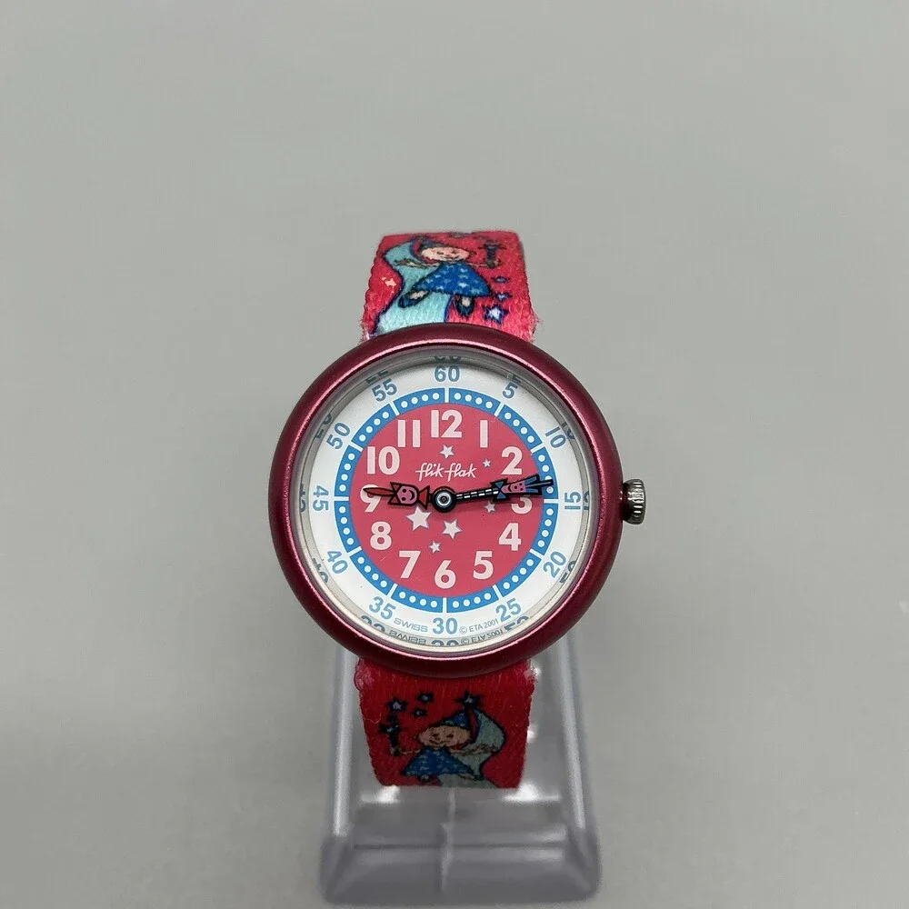 Flik Flak Girls Watch 29mm Pink Blue Dial Fairy Fabric Strap Swiss New Battery